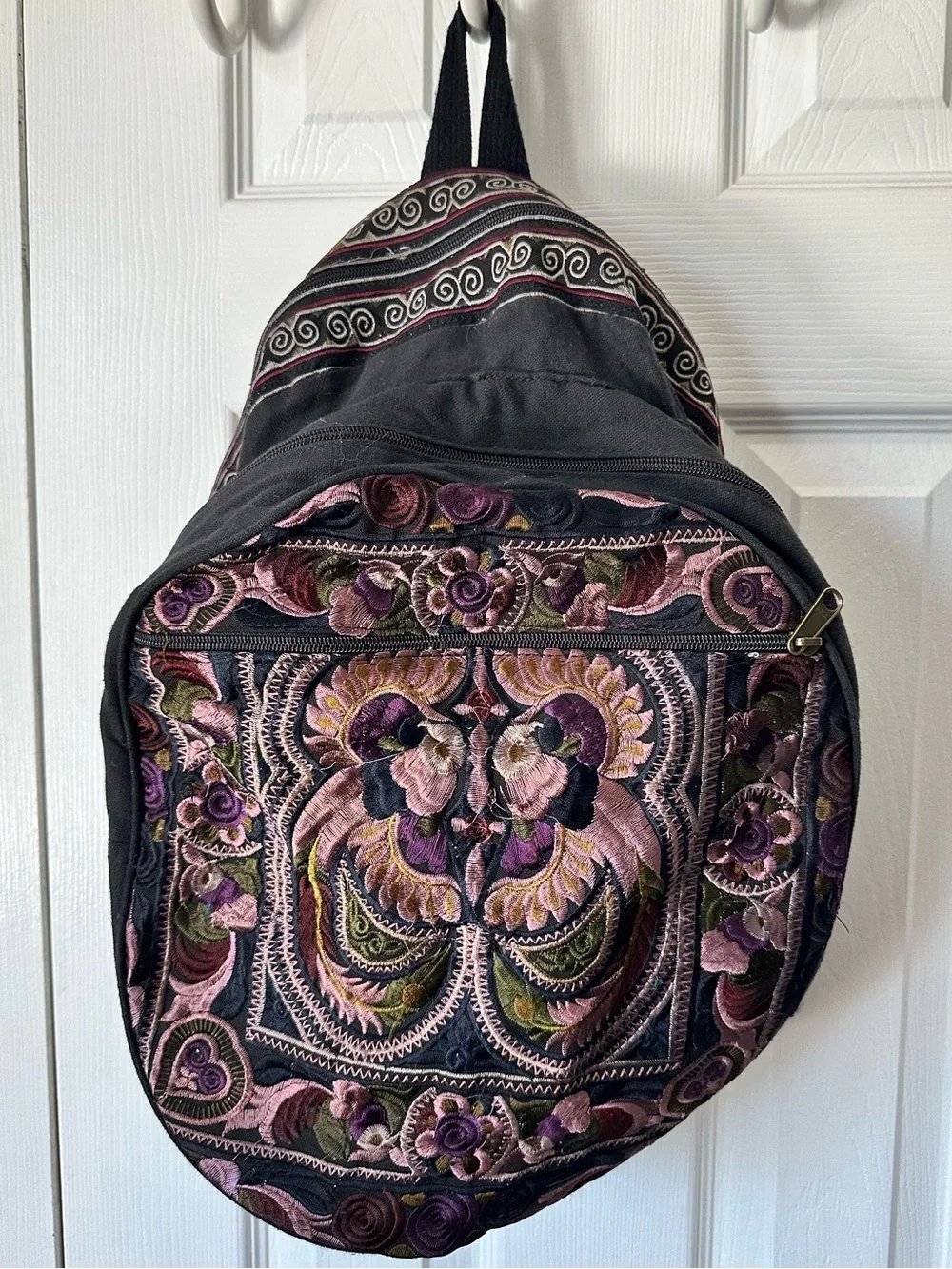 Woven 100% Cotton Backpack: Embroidered Boho Hippie Bag in Black